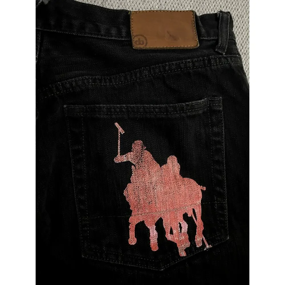 Crown Basics Jeans Mens 36X28 Black Loose Straight Painted‎ Back Y2K Button Fly